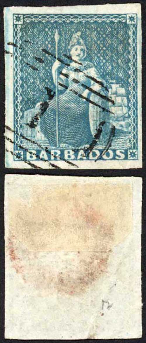Barbados SG9 (1d) Pale Blue (Creased) Cat 75 pounds
