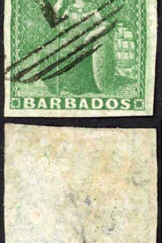 Barbados SG8 (1/2d) Green Fine four margins Cat 150 pounds