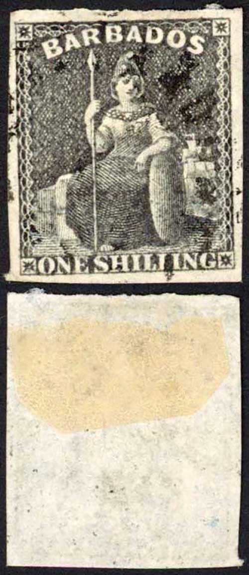 Barbados SG12a 1/- Black Fine Four Margins Cat 75 pounds