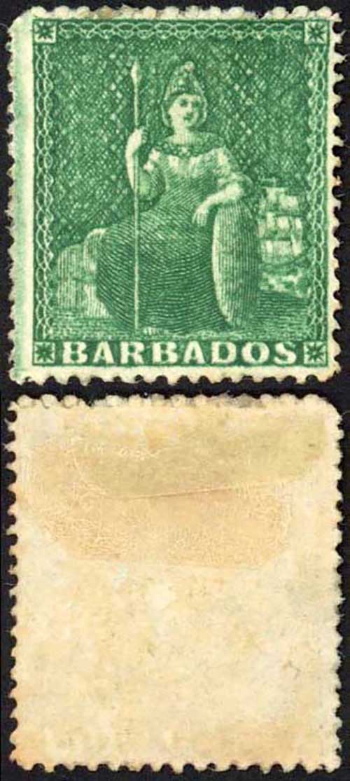 Barbados SG17 (1/2d) Deep Green Clean cut perf 14 to 16 Part Gum Cat 190 pounds