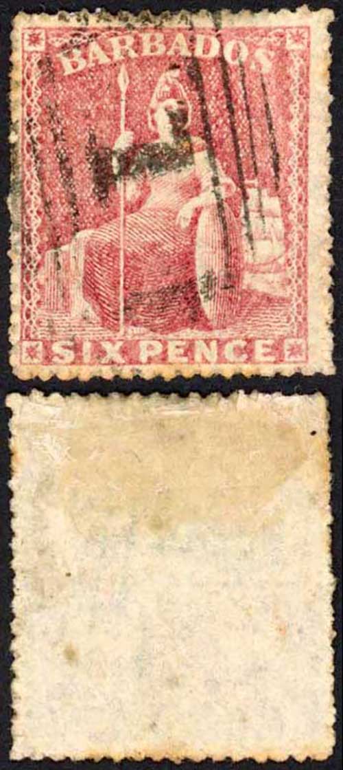 Barbados SG29 6d Rose-red Rough Perf 14 to 16 No Wmk (Toning) Cat 24 pounds