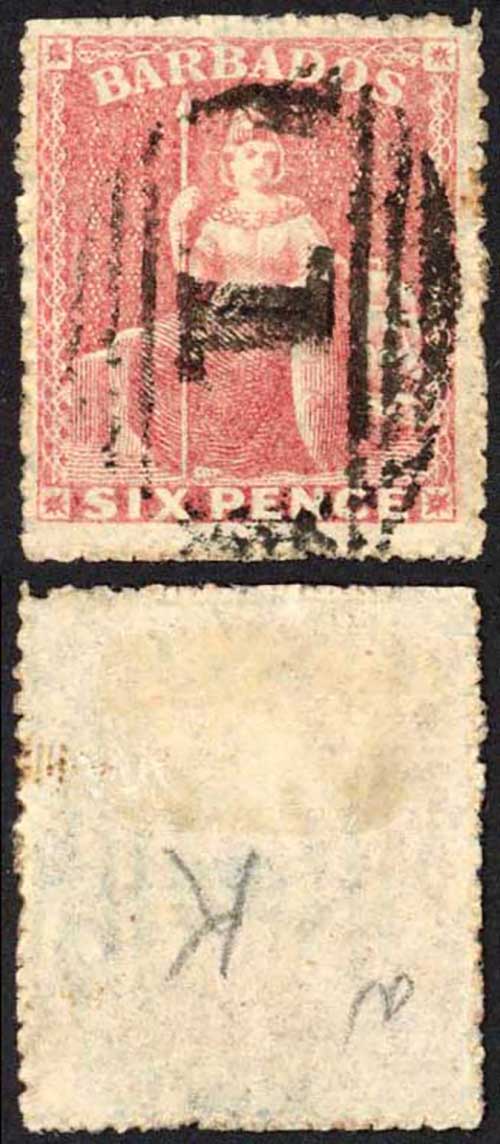Barbados SG29 6d Rose-red Rough Perf 14 to 16 No Wmk Cat 24 pounds