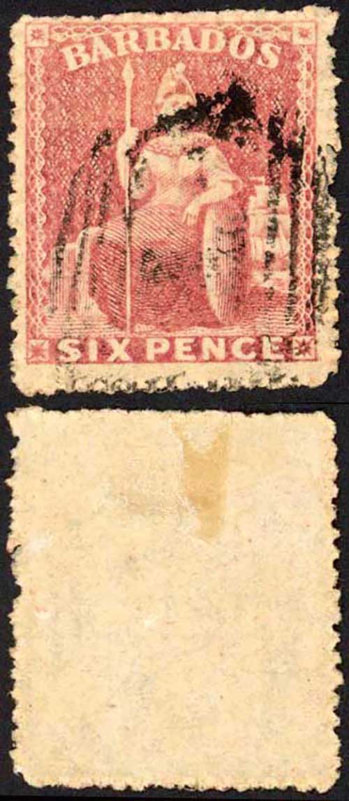 Barbados SG29 6d Rose-red Rough Perf 14 to 16 No Wmk Cat 24 pounds