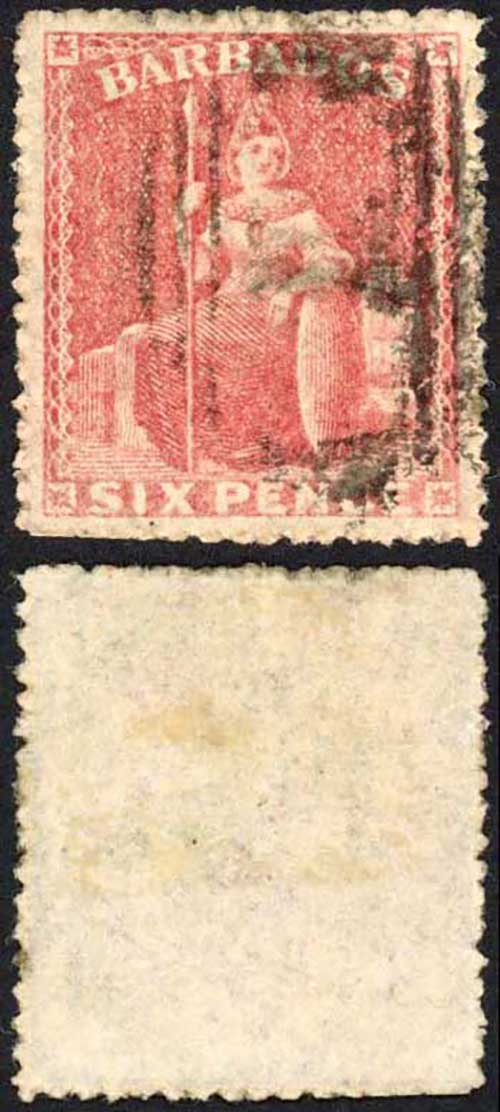 Barbados SG29 6d Rose-red Rough Perf 14 to 16 No Wmk Cat 24 pounds