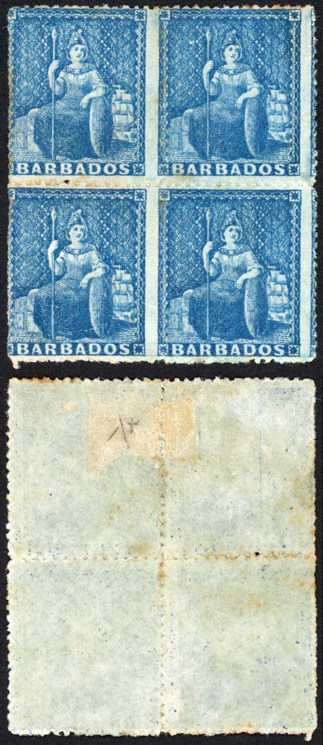 Barbados SG24 (1d) Deep Blue Rough Perf 14 to 16 No Wmk Mint Block Cat 300 poun