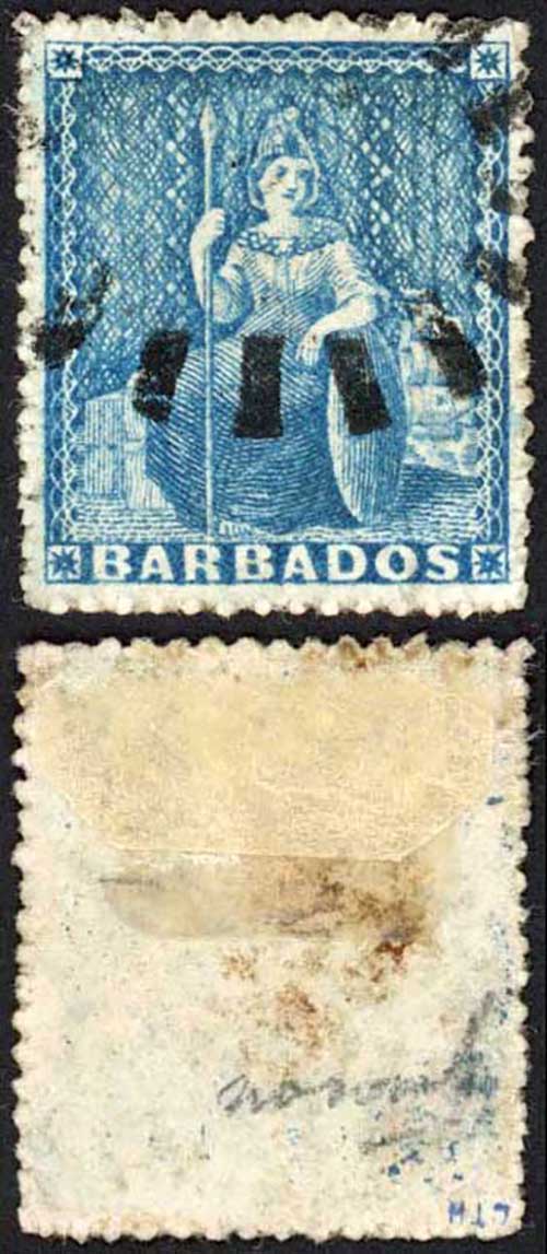 Barbados SG23 (1d) Blue Rough Perf 14 to 16 No Wmk