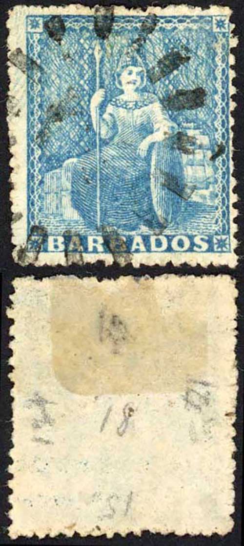 Barbados SG23 (1d) Blue Rough Perf 14 to 16 No Wmk