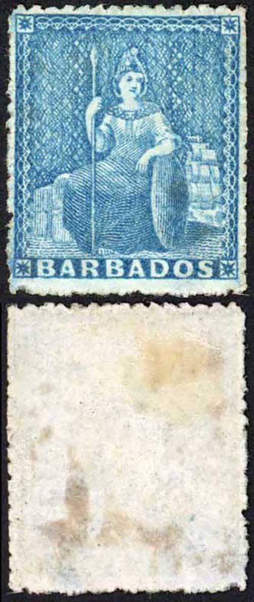 Barbados SG24 (1d) Deep Blue Rough Perf 14 to 16 No Wmk Mint No Gum Cat 75 poun