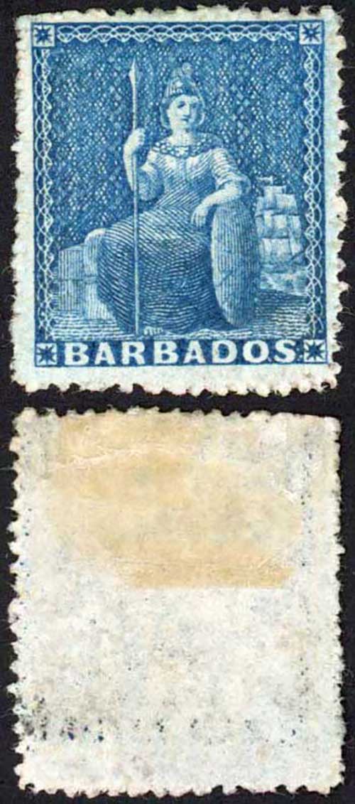 Barbados SG24 (1d) Deep Blue Rough Perf 14 to 16 No Wmk Mint No Gum Cat 75 poun