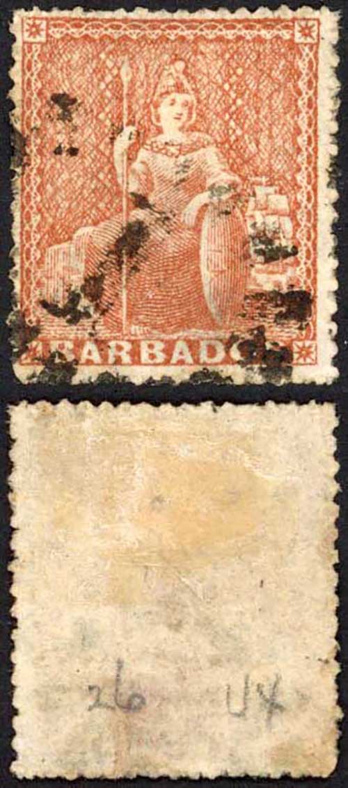 Barbados SG26 (4d) Dull Brown-red Rough Perf No Wmk Cat 85
