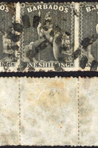 Barbados SG35 1/- Black Rough Perf 14 to 16 No Wmk STRIP Cat 36++ pounds