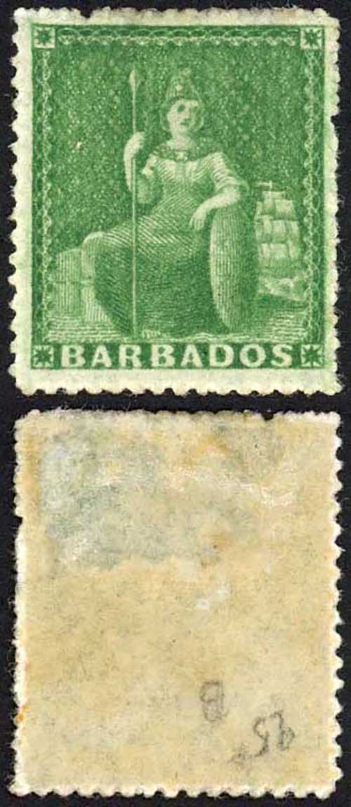 Barbados SG21 (1/2d) Green Rough Perf 14 to 16 No Wmk M/M Cat 30 pounds