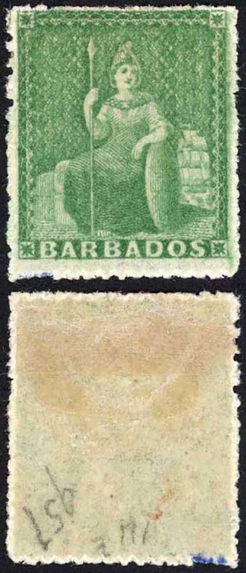 Barbados SG21 (1/2d) Green Rough Perf 14 to 16 No Wmk M/M Cat 30 pounds
