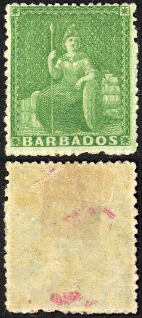 Barbados SG21 (1/2d) Green Rough Perf 14 to 16 No Wmk M/M Cat 30 pounds