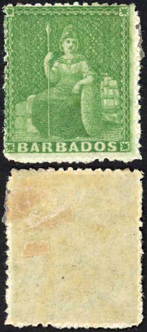 Barbados SG21 (1/2d) Green Rough Perf 14 to 16 No Wmk M/M Cat 30 pounds