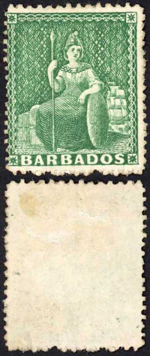 Barbados SG20 (1/2d) Deep Green Rough Perf 14 to 16 No Wmk No Gum Cat 35 pounds