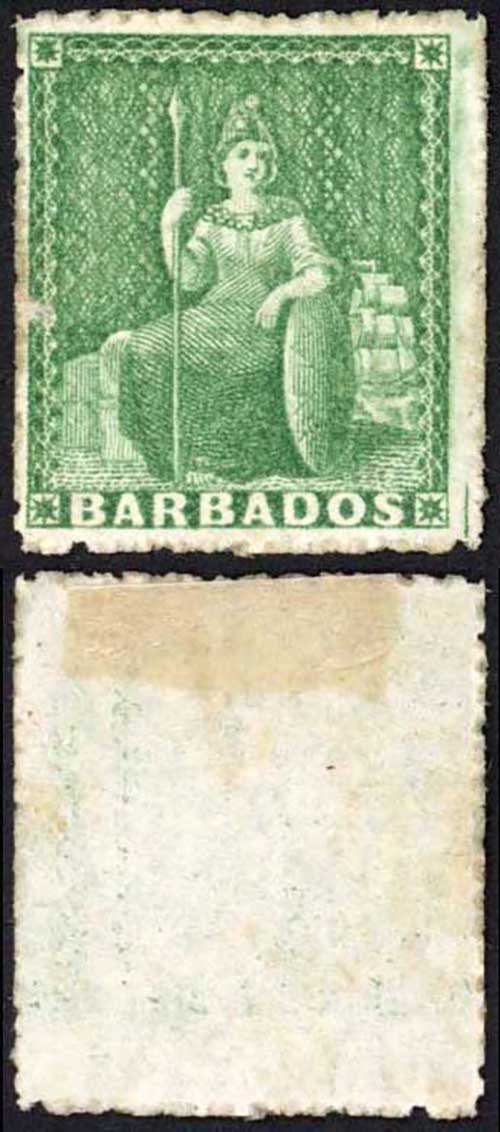 Barbados SG20 (1/2d) Deep Green Rough Perf 14 to 16 No Wmk No Gum Cat 35 pounds