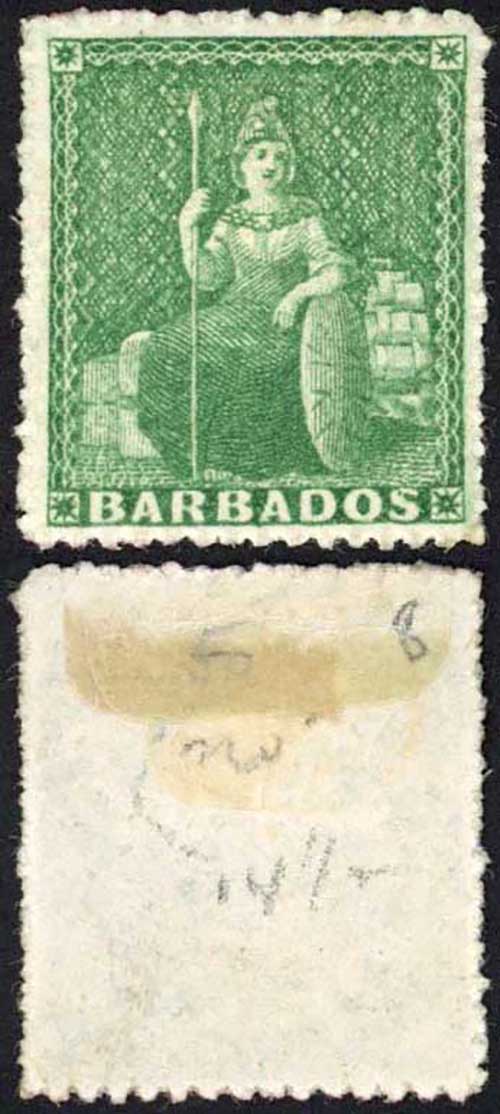 Barbados SG21 (1/2d) Green Rough Perf 14 to 16 No Wmk No Gum Cat 30 pounds