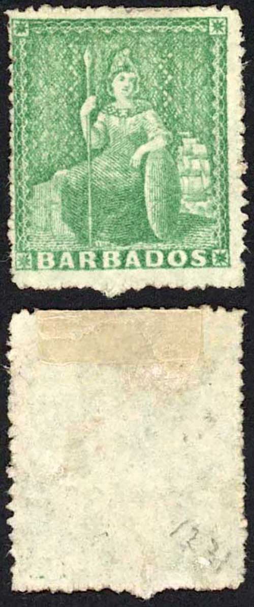 Barbados SG21 (1/2d) Green Rough Perf 14 to 16 No Wmk No Gum Cat 30 pounds
