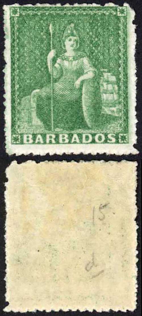 Barbados SG21 (1/2d) Green Rough Perf 14 to 16 No Wmk M/M Cat 30 pounds