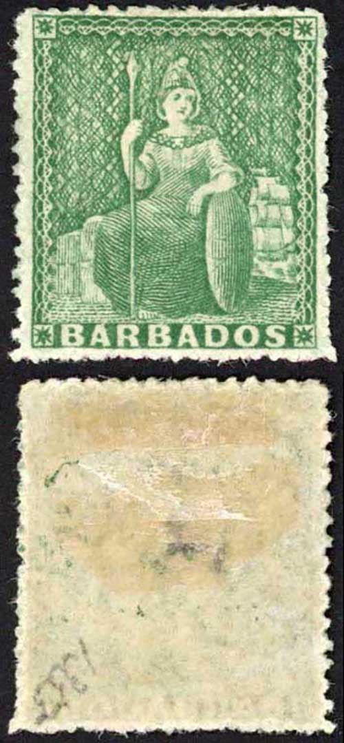 Barbados SG21 (1/2d) Green Rough Perf 14 to 16 No Wmk M/M Cat 30 pounds