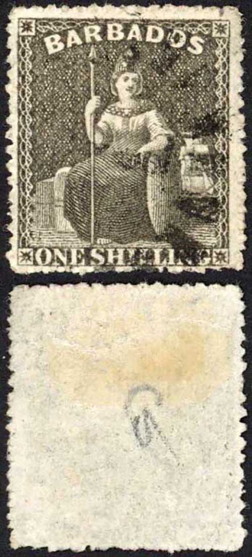 Barbados SG54 1/- Black Wmk Small Star Perf 14.5 to 15.5 Cat 20 pounds