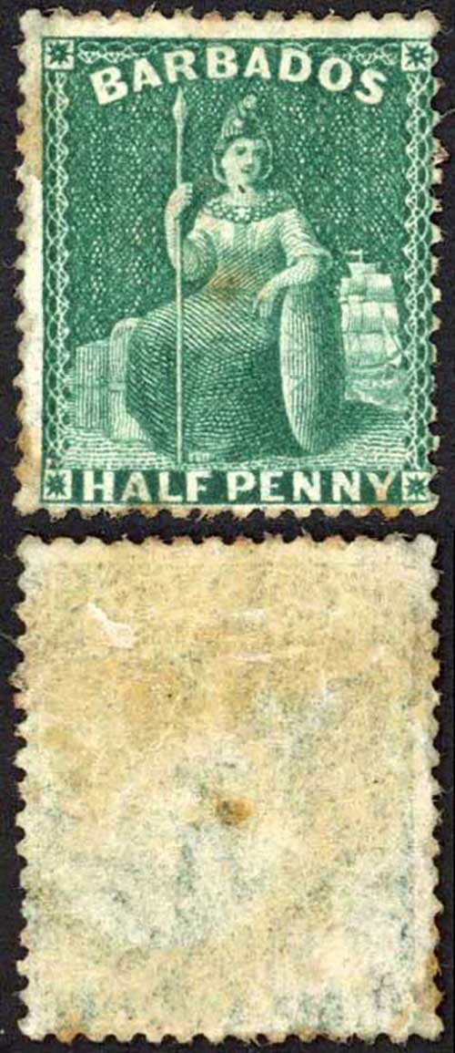 Barbados SG65 1/2d Deep Green Wmk Large Star Perf 14 M/M (toned) Cat 60 pounds