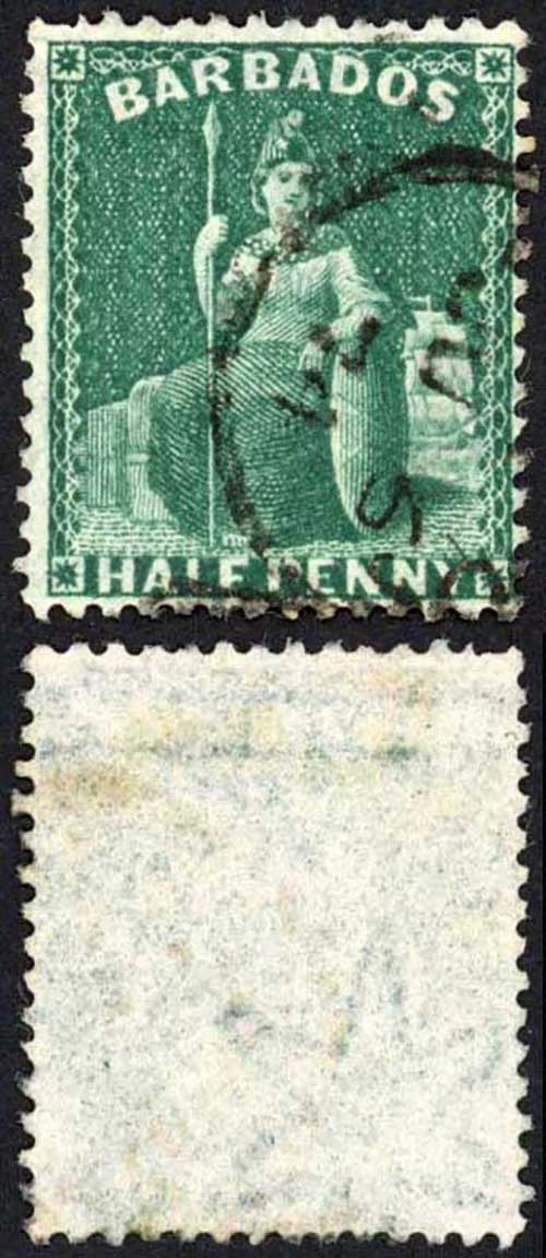 Barbados SG65 1/2d Deep Green Wmk Large Star Perf 14 Cat 18 pounds CDS