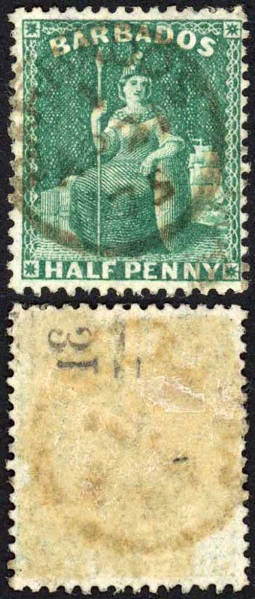 Barbados SG65 1/2d Deep Green Wmk Large Star Perf 14 Cat 18 pounds CDS
