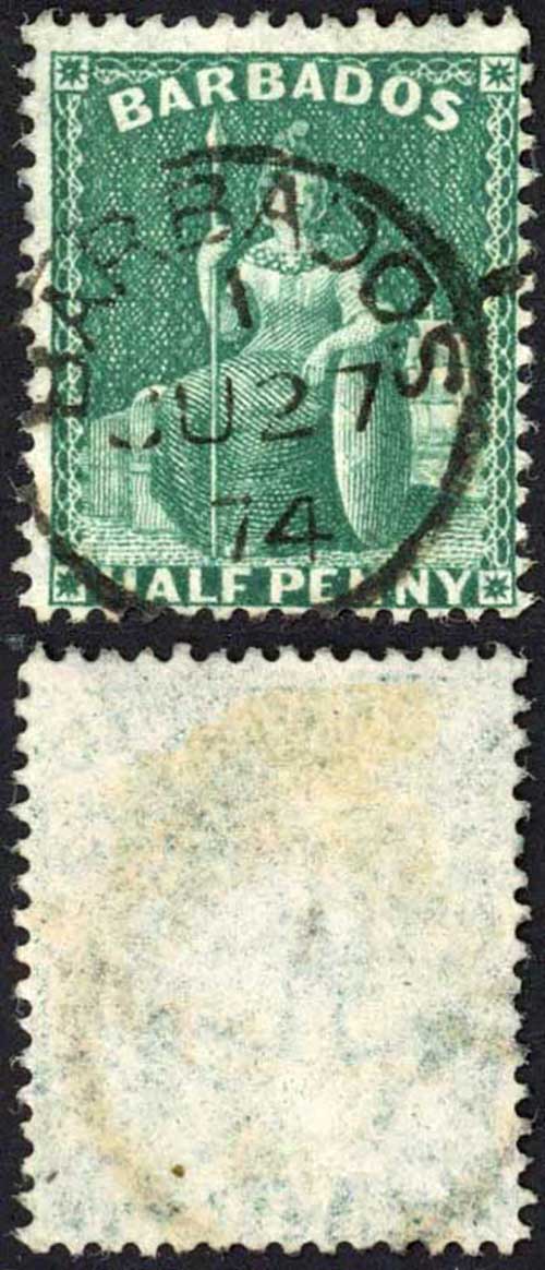Barbados SG65 1/2d Deep Green Wmk Large Star Perf 14 Cat 18 pounds CDS