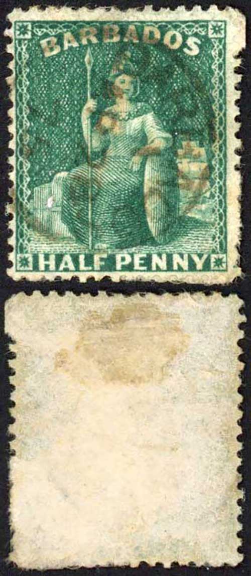 Barbados SG65 1/2d Deep Green Wmk Large Star Perf 14 Cat 18 pounds CDS