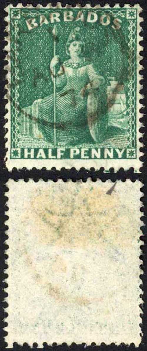 Barbados SG65 1/2d Deep Green Wmk Large Star Perf 14 Cat 18 pounds CDS
