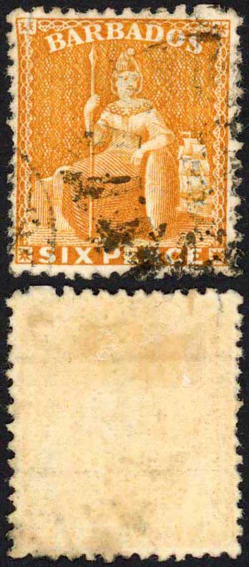 Barbados SG70 6d Chrome-yellow Wmk CC Sideways Perf 12.5 Cat 75 pounds