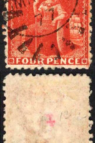 Barbados SG68x 4d Deep Red Wmk CC Reversed Perf 12.5 Cat 30 pounds