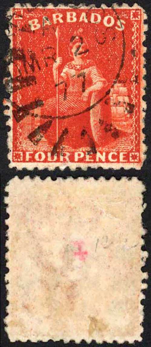 Barbados SG68x 4d Deep Red Wmk CC Reversed Perf 12.5 Cat 30 pounds