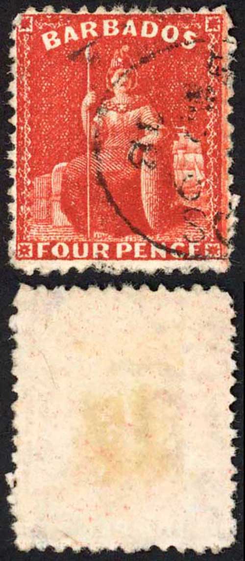 Barbados SG68x 4d Deep Red Wmk CC Reversed Perf 12.5 Cat 30 pounds