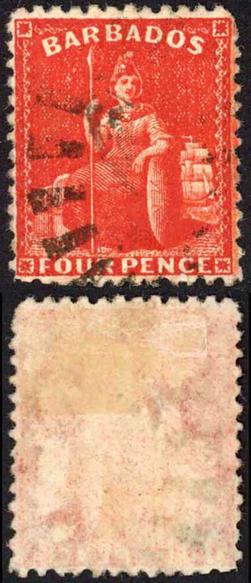 Barbados SG68x 4d Deep Red Wmk CC Reversed Perf 12.5 Cat 30 pounds