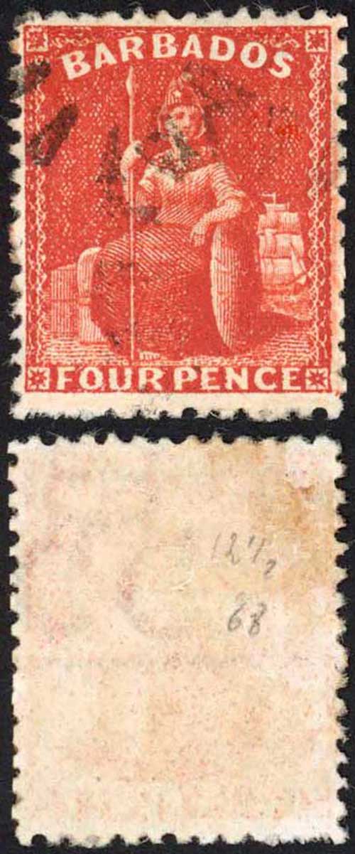 Barbados SG68x 4d Deep Red Wmk CC Reversed Perf 12.5 Cat 30 pounds
