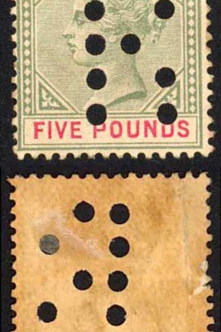 Natal BF96 Five Pounds Green and Red PAIR Perfin R(D) (Registrar of Deeds)