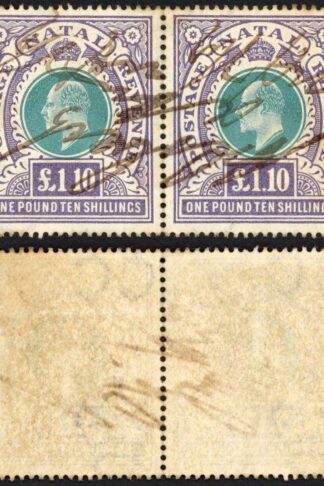 Natal SG143 One Pound 10/- Green and Violet Fiscal Cancel PAIR