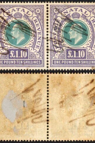 Natal SG143 One Pound 10/- Green and Violet Fiscal Cancel PAIR