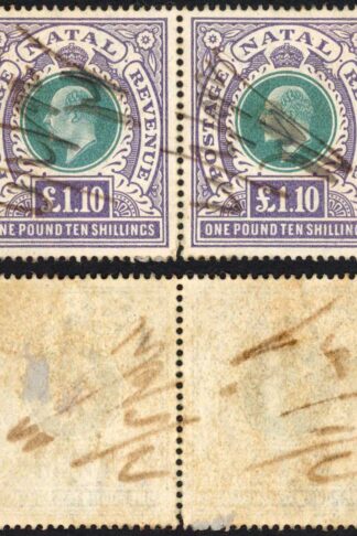 Natal SG143 One Pound 10/- Green and Violet Fiscal Cancel PAIR