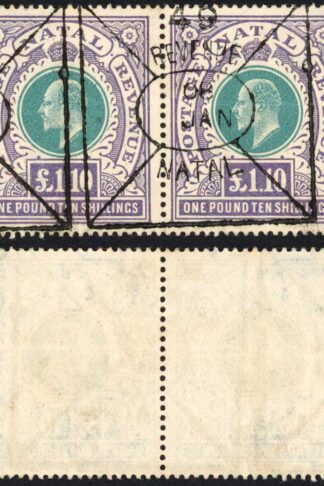 Natal SG143 One Pound 10/- Green and Violet Fiscal Cancel PAIR