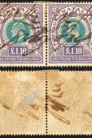 Natal SG143 One Pound 10/- Green and Violet Fiscal Cancel PAIR