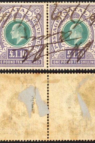 Natal SG143 One Pound 10/- Green and Violet Fiscal Cancel PAIR