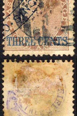 Straits Settlements SG3 3c on 1a Deep Brown (Surface rub at top) Cat 95 pounds