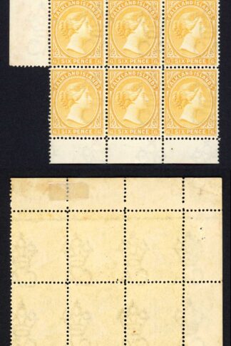 Falkland Is SG34 6d Yellow Wmk CA Mint Block of 18 Cat 1350+++  pounds