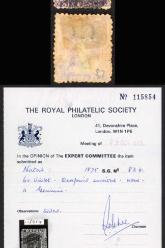 Natal SG83b 6d Violet Wmk CC Opt POSTAGE INVERTED RPS Cert Cat 225 Pounds