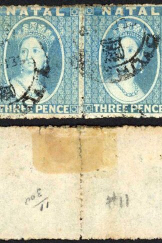 Natal SG12 3d blue No Wmk Rough Perfs PAIR Cat 100 pounds