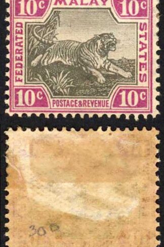 Malay SG43b 10c Black and Claret Wmk Mult CA M/M (toned gum) Cat 48 pounds